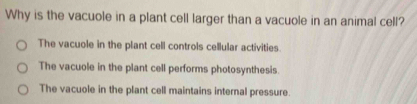 Why is the vacuole in a plant cell larger than a vacuole in an animal cell?
The vacuole in the plant cell controls cellular activities.
The vacuole in the plant cell performs photosynthesis
The vacuole in the plant cell maintains internal pressure.