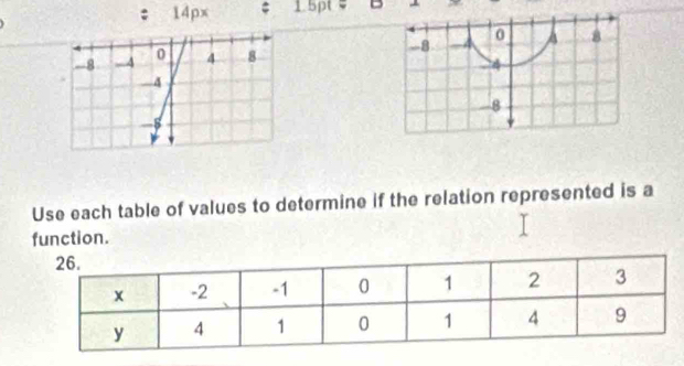 14px; 1.5pt =

Use each table of values to determine if the relation represented is a 
function.