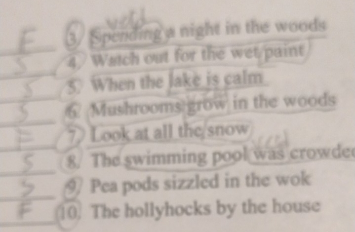 3/ Spending a night in the woods 
4 Watch out for the wet paint 
5. When the lake is calm 
6 Mushrooms grow in the woods 
7 Look at all the/snow 
8. The swimming pool was crowde 
9 Pea pods sizzled in the wok 
10. The hollyhocks by the house