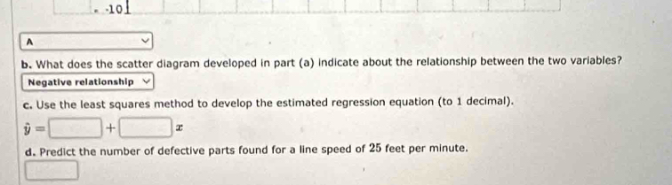 square -10
A
b. What does the scatter diagram developed in part (a) indicate about the relationship between the two variables?
Negative relationship
c. Use the least squares method to develop the estimated regression equation (to 1 decimal).
dot y=□ +□ x
d. Predict the number of defective parts found for a line speed of 25 feet per minute.
□