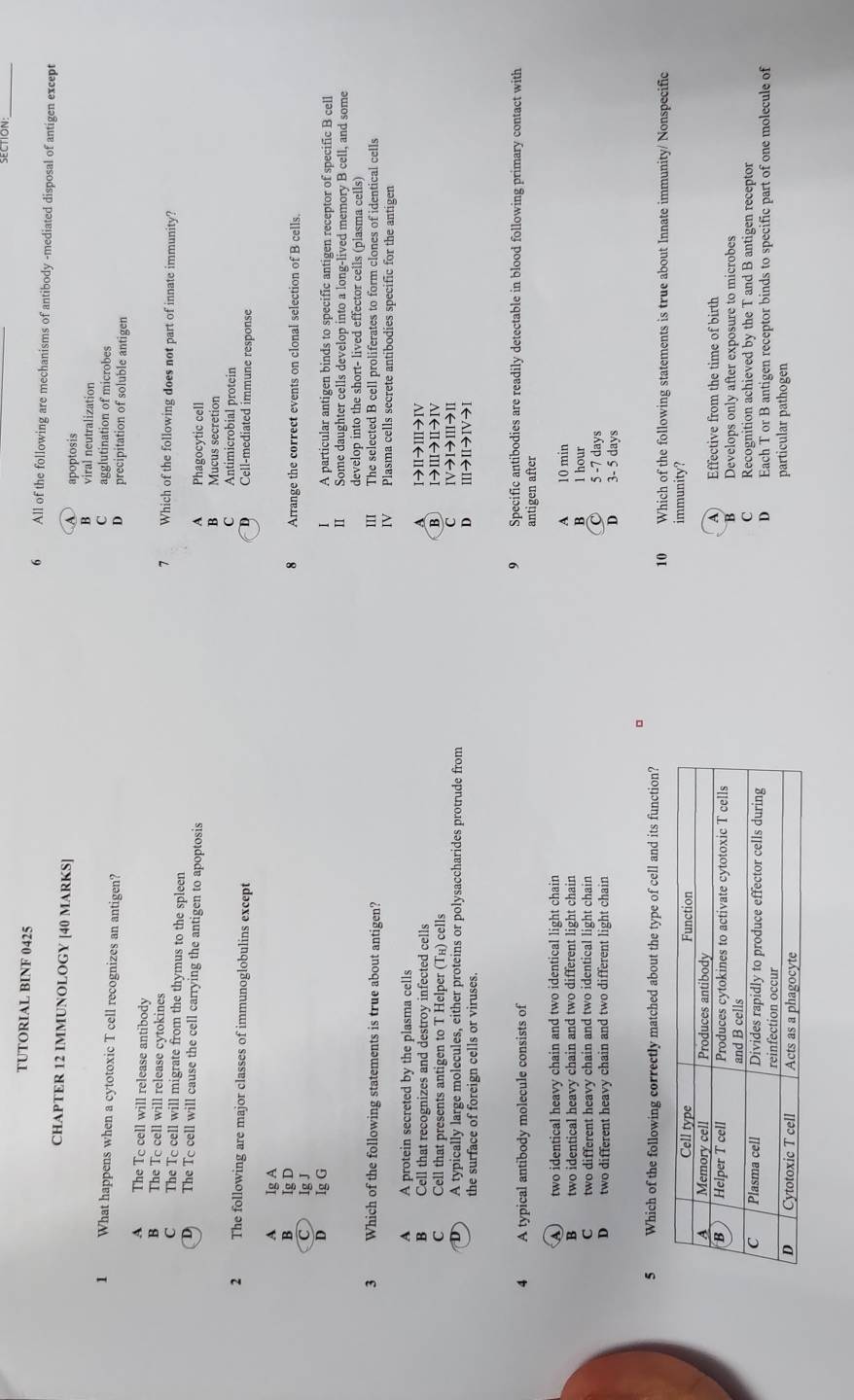 SECTION
TUTORIAL BINF 0425 6 All of the following are mechanisms of antibody -mediated disposal of antigen except
CHAPTER 12 IMMUNOLOGY [40 MARKS] A apoptosis
B viral neutralization
C agglutination of microbes
1 What happens when a cytotoxic T cell recognizes an antigen? D precipitation of soluble antigen
A The Tc cell will release antibody
B The To cell will release cytokines 7 Which of the following does not part of innate immunity?
C The Tc cell will migrate from the thymus to the spleen
D The To cell will cause the cell carrying the antigen to apoptosis A Phagocytic cell
B Mucus secretion
C Antimicrobial protein
2 The following are major classes of immunoglobulins except D Cell-mediated immune response
A Ig A
B Ig D 8 Arrange the correct events on clonal selection of B cells.
Ig J
D Ig G I A particular antigen binds to specific antigen receptor of specific B cell
II Some daughter cells develop into a long-lived memory B cell, and some
develop into the short- lived effector cells (plasma cells)
3 Which of the following statements is true about antigen? III The selected B cell proliferates to form clones of identical cells
IV Plasma cells secrete antibodies specific for the antigen
A A protein secreted by the plasma cells
A
B Cell that recognizes and destroy infected cells I→II→II→Ⅳ
B
C Cell that presents antigen to T Helper (Tí) cells I→II➔I→Ⅳ
C
D  A typically large molecules, either proteins or polysaccharides protrude from Ⅳ➔I➔ⅢI➔I Ⅲ➔Ⅱ➔Ⅳ→Ⅰ
the surface of foreign cells or viruses.
4 A typical antibody molecule consists of 9 Specific antibodies are readily detectable in blood following primary contact with
antigen after
A two identical heavy chain and two identical light chain
B two identical heavy chain and two different light chain A 10 min B l hour
C two different heavy chain and two identical light chain C 5 -7 days
Dtwo different heavy chain and two different light chain D 3- 5 days
。
5 Which of the following correctly matched about the type of cell and its function? 10 Which of the following statements is true about Innate immunity/ Nonspecific
immunity?
A) Effective from the time of birth
B Develops only after exposure to microbes
C Recognition achieved by the T and B antigen receptor
D Each T or B antigen receptor binds to specific part of one molecule of
particular pathogen