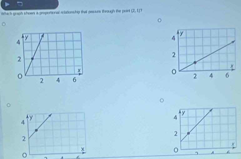 Which graph shows a proportional relationship that passes through the point (2,1) ?
y
4
2
x
。 
C