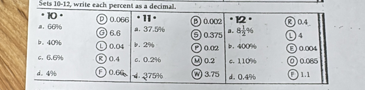 Sets 10-12, write each percent as a