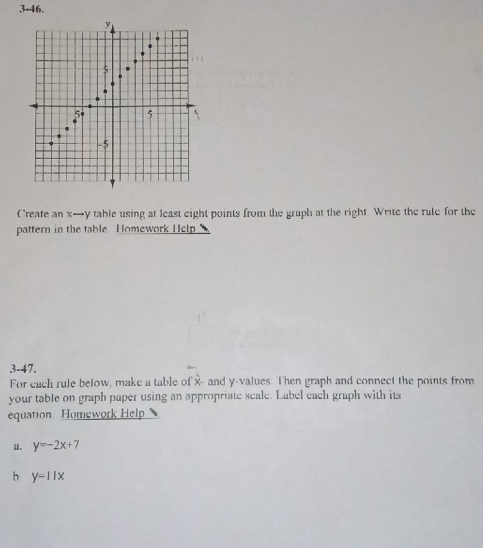 3-46.
Create an x→y table using at least eight points from the graph at the right. Write the rule for the
pattern in the table. Homework Help
3-47.
For cach rule below, make a table of x - and y -values. Then graph and connect the points from
your table on graph paper using an appropriate scale. Label each graph with its
equation Homework Help
a. y=-2x+7
b y=11x