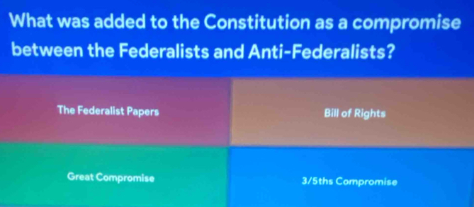 What was added to the Constitution as a compromise
between the Federalists and Anti-Federalists?
The Federalist Papers Bill of Rights
Great Compromise 3/5ths Compromise