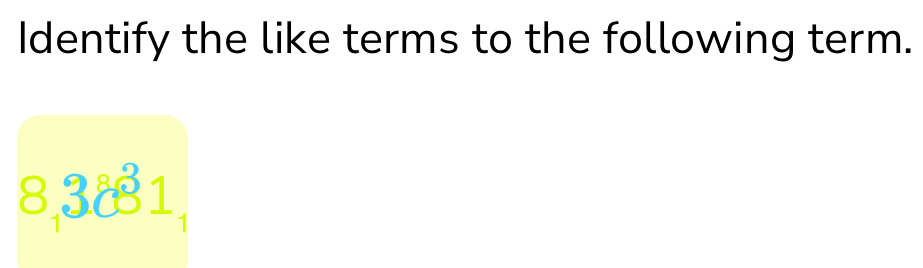 Identify the like terms to the following term.
8, 3881_1