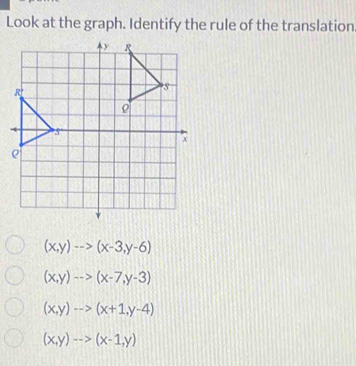 Look at the graph. Identify the rule of the translation
(x,y)-->(x-3,y-6)
(x,y)-->(x-7,y-3)
(x,y)-->(x+1,y-4)
(x,y)-->(x-1,y)