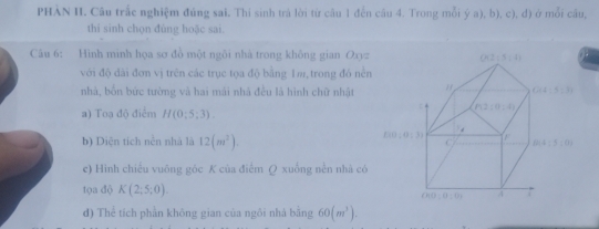 PHÀN II. Câu trắc nghiệm đúng sai. Thí sinh trả lời từ câu 1 đến câu 4. Trong mỗi ý a), b), c), đ) ở mỗi câu,
thí sinh chọn đùng hoặc sai
Câu 6: Hình minh họa sơ đồ một ngôi nhà trong không gian Oxyz
với độ đài đơn vị trên các trục tọa độ bằng 1m, trong đó nền
nhà, bốn bức tường và hai mái nhà đều là hình chữ nhật
a) Toạ độ điểm H(0;5;3).
b) Diện tích nền nhà là 12(m^2).
c) Hình chiếu vuông góc K của điểm Q xuống nền nhà có
tọa độ K(2;5;0).
đ) Thể tích phần không gian của ngôi nhà bằng 60(m^3).