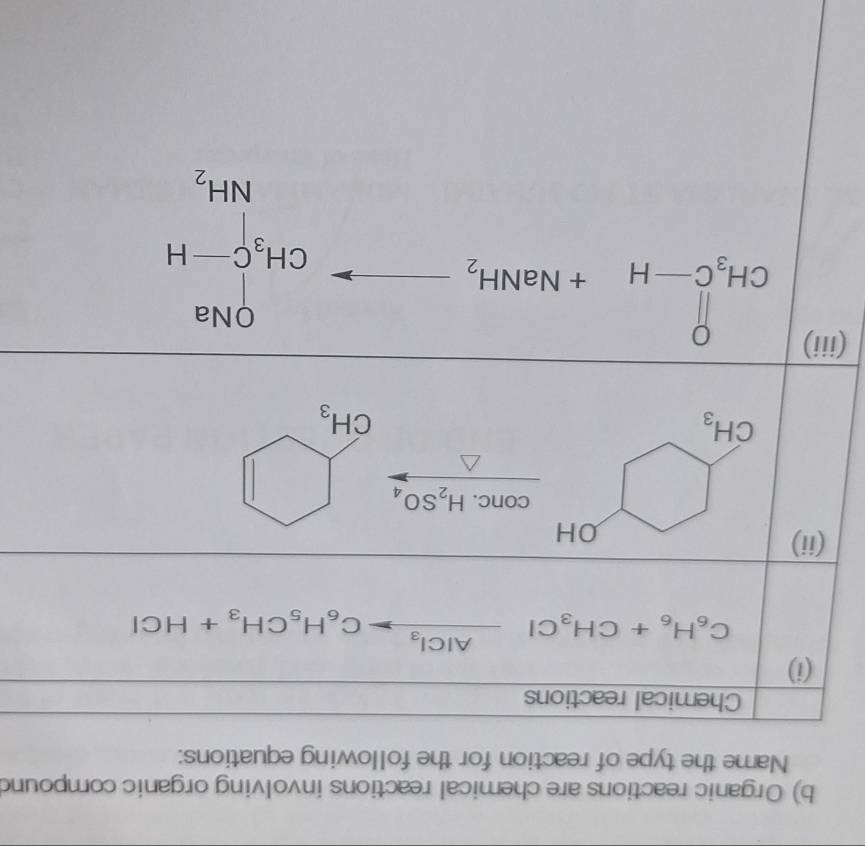 Organic reactions are chemical reactions involving organic compound
Name the type of reaction for the following equations:
Chemical reactions
(i)
C_6H_6+CH_3Clxrightarrow AlCl_3C_6H_5CH_3+HCl
(ii)
con C. H_2SO_4
CH_3
(iii)
CH_3C-H+NaNH_2_  CH_3C-H
□ 