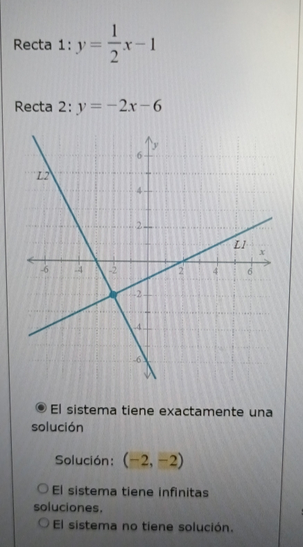 Recta 1: y= 1/2 x-1
Recta 2: y=-2x-6
El sistema tiene exactamente una
solución
Solución: (-2,-2)
El sistema tiene infinitas
soluciones.
El sistema no tiene solución.