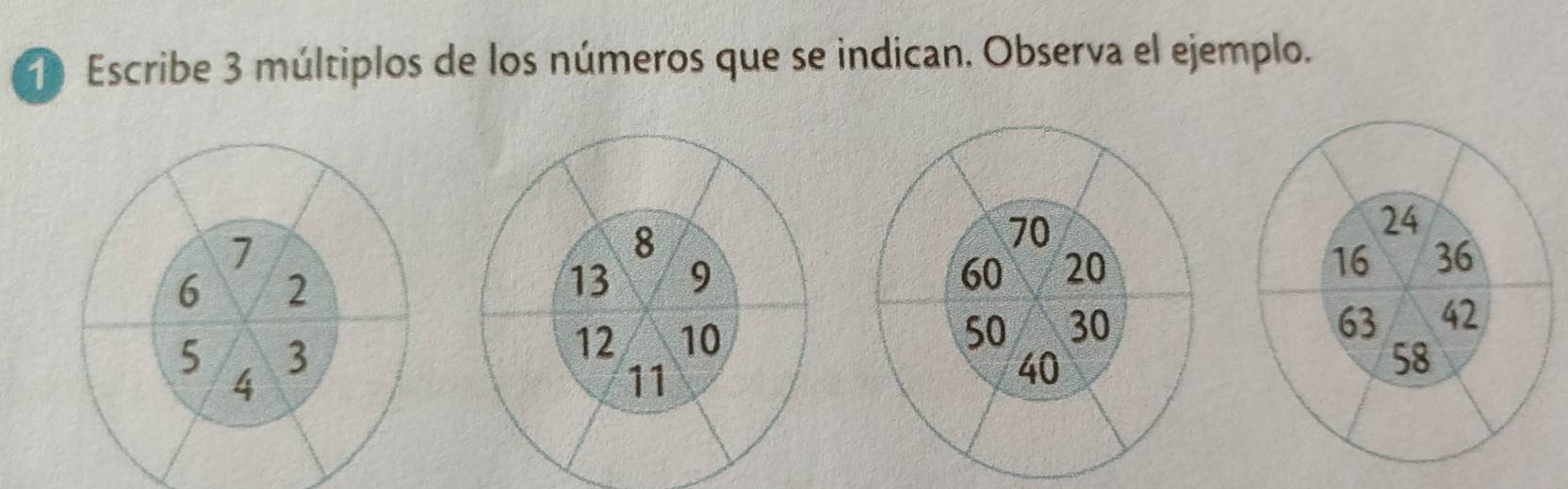 Escribe 3 múltiplos de los números que se indican. Observa el ejemplo.