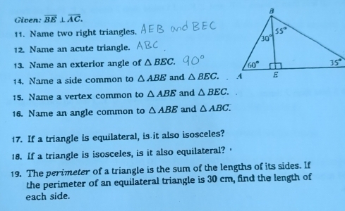 Given: overline BE⊥ overline AC.
11. Name two right triangles.
12. Name an acute triangle.
13. Name an exterior angle of △ BEC.
14. Name a side common to △ ABE and △ BEC.
15. Name a vertex common to △ ABE and △ BEC.
16. Name an angle common to △ ABE and △ ABC.
17. If a triangle is equilateral, is it also isosceles?
18. If a triangle is isosceles, is it also equilateral? 
19. The perimeter of a triangle is the sum of the lengths of its sides. If
the perimeter of an equilateral triangle is 30 cm, find the length of
each side.