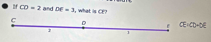 If CD=2 and DE=3 , what is CE?
C
D
E CE=CD+DE
2
3