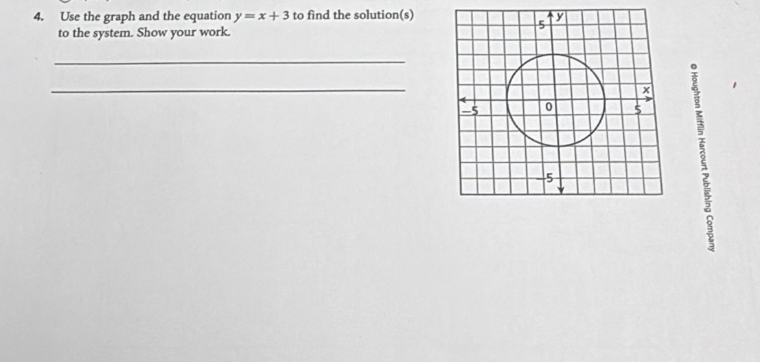 Use the graph and the equation y=x+3 to find the solution(s) 
to the system. Show your work. 
_ 
_