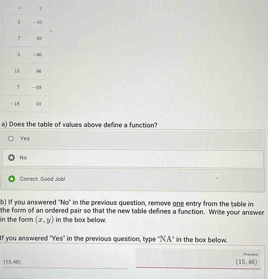 Does the table of values above define a function?
Yes
No
Correct. Good Job!
b) If you answered "No" in the previous question, remove one entry from the table in
the form of an ordered pair so that the new table defines a function. Write your answer
in the form (x,y) in the box below.
If you answered "Yes" in the previous question, type "NA" in the box below.
Preview
(15,46)
(15,46)