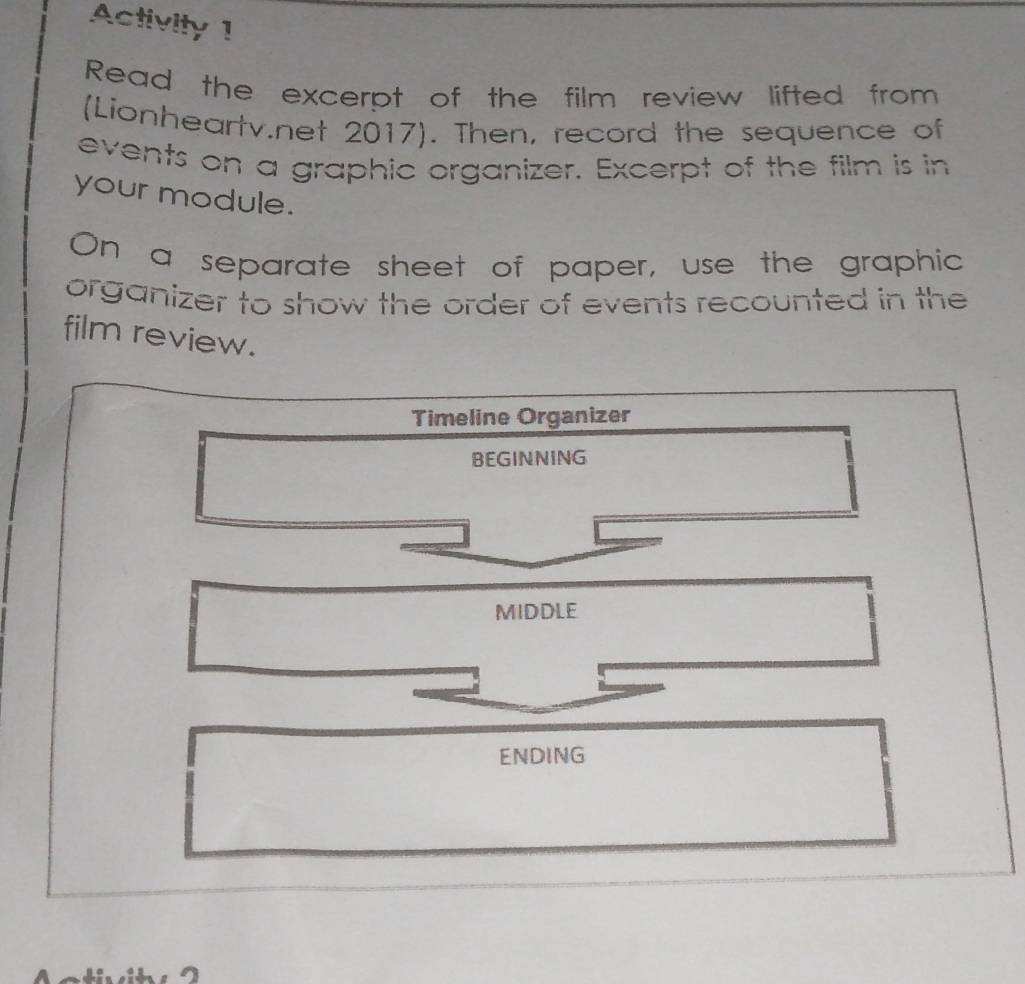 Activity 1 
Read the excerpt of the film review lifted from 
(Lionheartv.net 2017). Then, record the sequence of 
events on a graphic organizer. Excerpt of the film is in 
your module. 
On a separate sheet of paper, use the graphic 
organizer to show the order of events recounted in the 
film review. 
Timeline Organizer 
BEGINNING 
MIDDLE 
ENDING