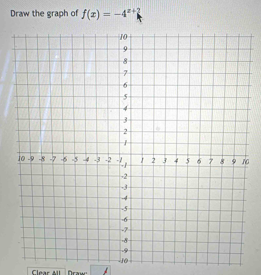 Draw the graph of f(x)=-4^(x+2)
0 
Clear AIl Draw.