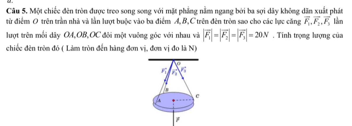 a .
Câu 5. Một chiếc đèn tròn được treo song song với mặt phẳng nằm ngang bởi ba sợi dây không dãn xuất phát
từ điểm O trên trần nhà và lần lượt buộc vào ba điểm A,B,C trên đèn tròn sao cho các lực căng vector F_1,vector F_2,vector F_3 lần
lượt trên mối dây OA,OB,OC đôi một vuông góc với nhau và |vector F_1|=|vector F_2|=|vector F_3|=20N. Tính trọng lượng của
chiếc đèn tròn đó ( Làm tròn đến hàng đơn vị, đơn vị đo là N)