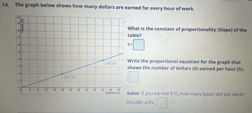 The graph below shows how many dollars are earned for every hour of work.
What is the constant of proportionality (Slope) of the
able?
k=□
rite the proportional equation for the graph that
hows the number of dollars (d) earned per hour (h).
□
olve: If you earned $70, how many hours did you work?
Include units. □