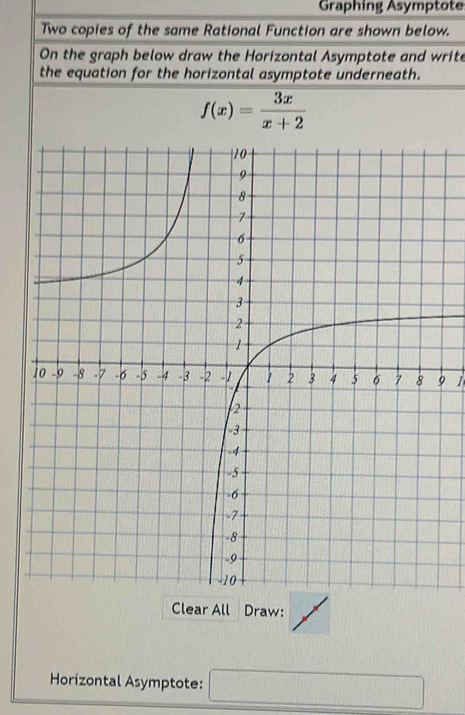 Graphing Asymptote 
Two copies of the same Rational Function are shown below. 
On the graph below draw the Horizontal Asymptote and write 
the equation for the horizontal asymptote underneath.
f(x)= 3x/x+2 
9 1
Clear All Draw: 
Horizontal Asymptote: □