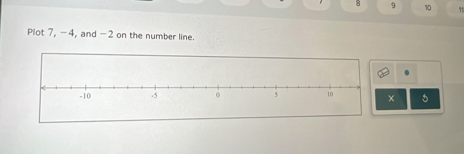 8 9 10 11 
Plot 7, -4, and -2 on the number line. 
×