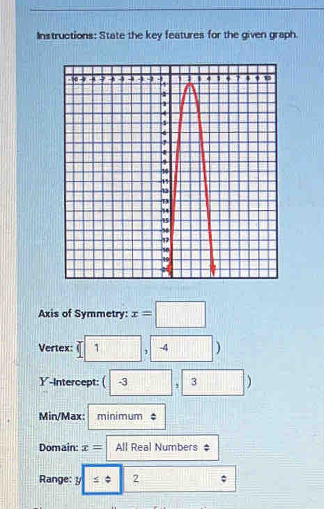 Instructions: State the key features for the given graph. 
Axis of Symmetry: x=□
Vertex: | □ ,□ )
Y-Intercept: (-3,3)
Min/Max: minimum 
Domain: x= All Real Numbers 
Range: y : ≤ 2 _ _ ||_  -