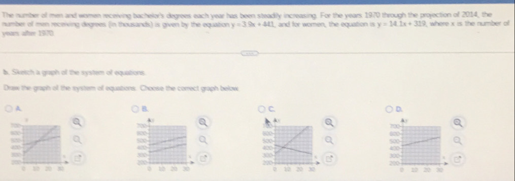 The number of men and women receiving bachelor's degrees each year has been steadily increasing. For the years 1970 through the projection of 2014, the
number of men receiving degrees (in thousands) is given by the equation y=3.9x+441 , and for women, the equation is
years after 1970 y=14.1x+319 , where x is the number of
b. Sketch a graph of the system of equations.
Draw the graph of the system of equations. Choose the correct graph below,
A.
B
C
D.
a
800
S∞ 

B
300
200
10 20 30
