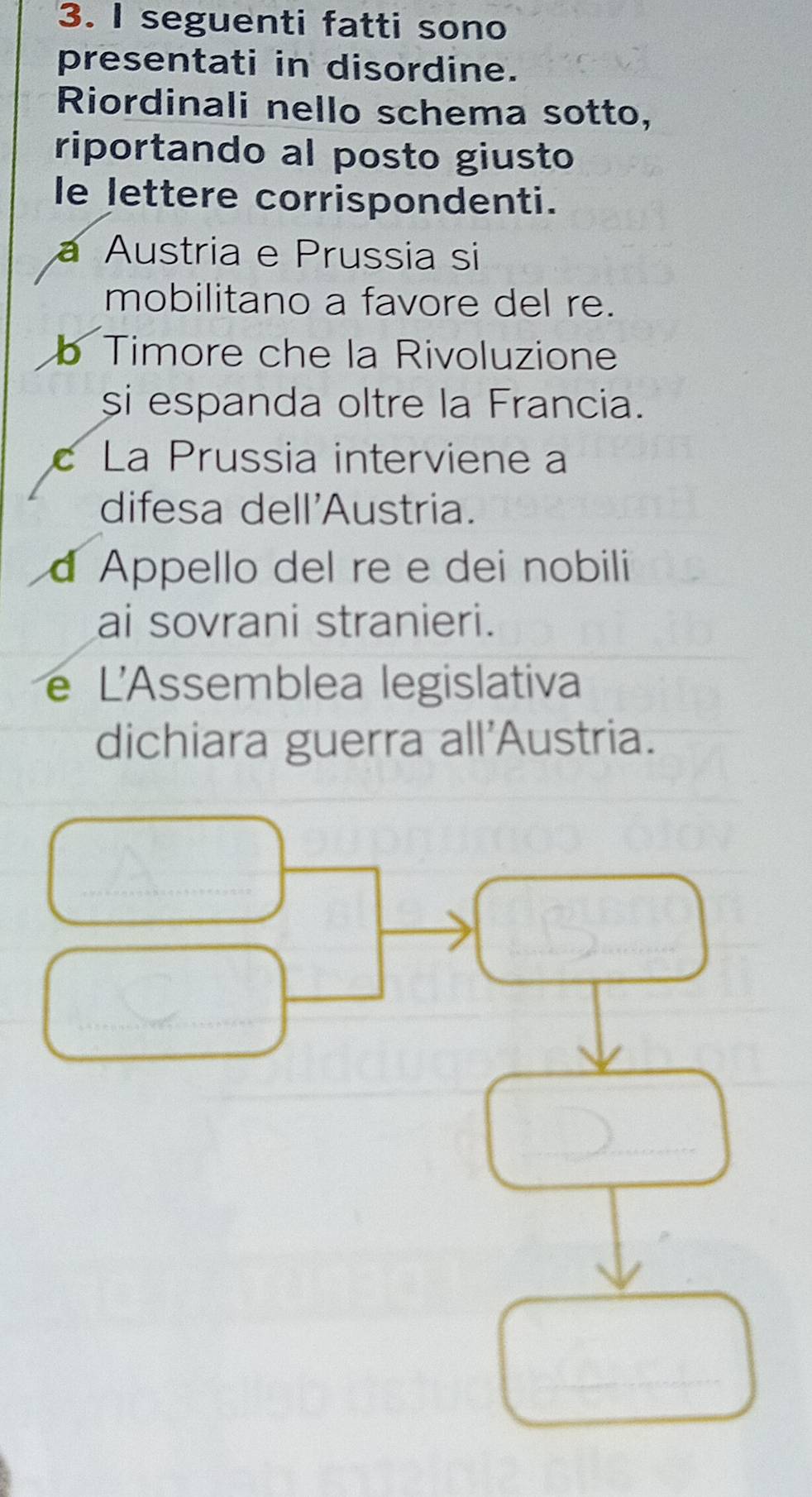 seguenti fatti sono 
presentati in disordine. 
Riordinali nello schema sotto, 
riportando al posto giusto 
le lettere corrispondenti. 
a Austria e Prussia si 
mobilitano a favore del re. 
b Timore che la Rivoluzione 
si espanda oltre la Francia. 
c La Prussia interviene a 
difesa dell'Austria. 
d Appello del re e dei nobili 
ai sovrani stranieri. 
e L'Assemblea legislativa 
dichiara guerra all'Austria. 
_ 
_ 
_ 
_ 
_