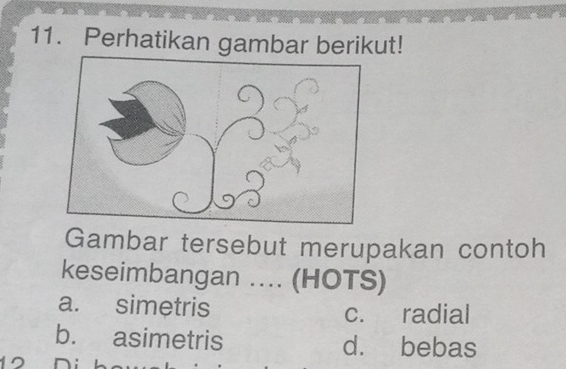 Perhatikan gambar berikut!
Gambar tersebut merupakan contoh
keseimbangan .... (HOTS)
a. simetris c. radial
b. asimetris d. bebas