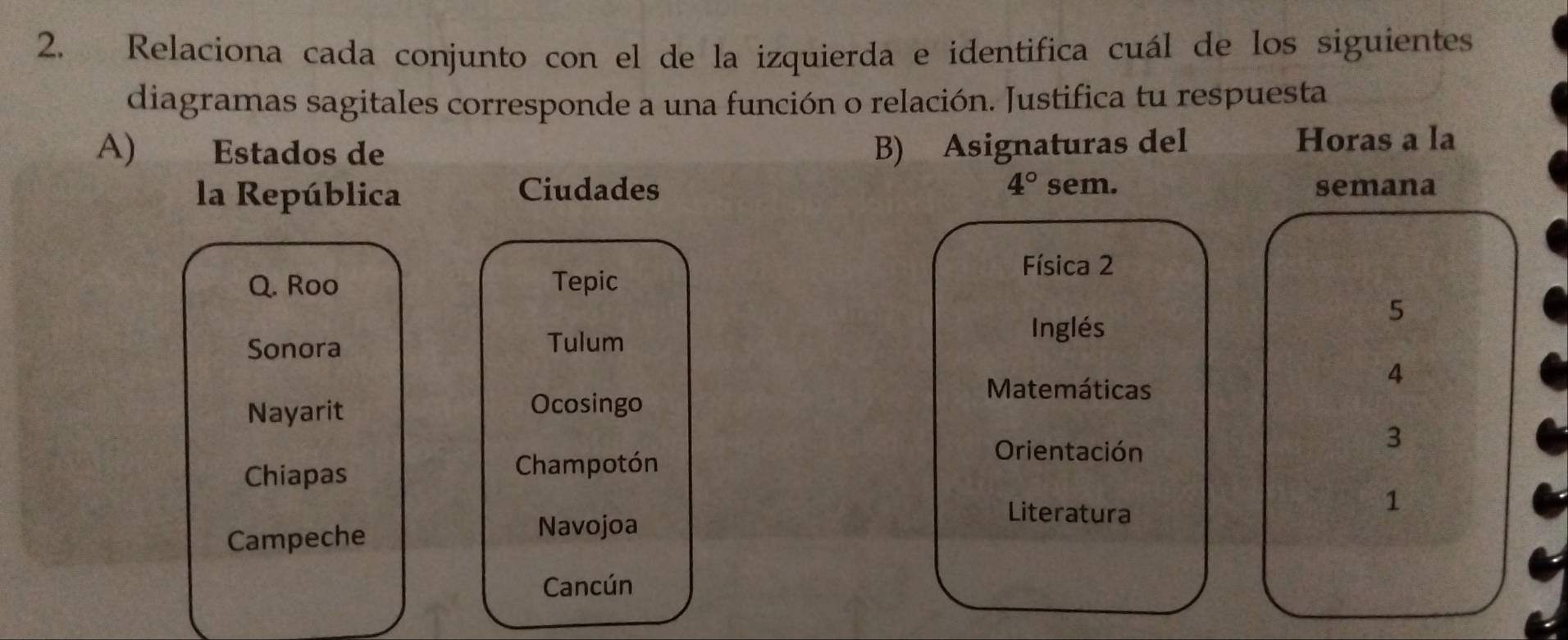 Relaciona cada conjunto con el de la izquierda e identifica cuál de los siguientes 
diagramas sagitales corresponde a una función o relación. Justifica tu respuesta 
A) Estados de B) Asignaturas del Horas a la
4° sem. 
la República Ciudades semana 
Física 2 
Q. Roo Tepic 
Sonora Tulum 
Inglés 
5 
Matemáticas 
4 
Nayarit 
Ocosingo 
Orientación 
3 
Chiapas 
Champotón 
Campeche 
Navojoa 
Literatura 
1 
Cancún