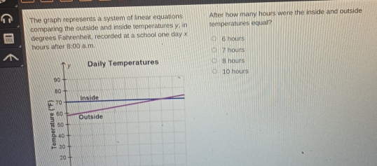 The graph represents a system of linear equations After how many hours were the inside and outside
comparing the outside and inside temperatures y,in temperatures equal?
degrees Fanrenheit, recorded at a school one day x 6 hours
hours after 8:00 a.m.
7 hours
8 hours
10 hours