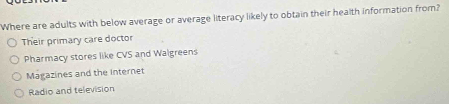 Where are adults with below average or average literacy likely to obtain their health information from?
Their primary care doctor
Pharmacy stores like CVS and Walgreens
Magazines and the Internet
Radio and television