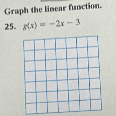 Graph the linear function. 
25. g(x)=-2x-3