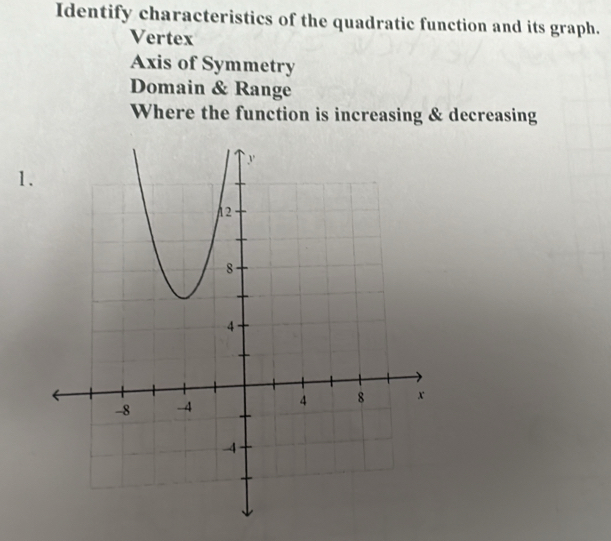 Identify characteristics of the quadratic function and its graph.
Vertex
Axis of Symmetry
Domain & Range
Where the function is increasing & decreasing
1.