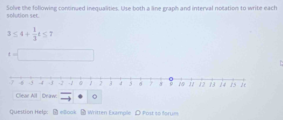 Solve the following continued inequalities. Use both a line graph and interval notation to write each 
solution set.
3≤ 4+ 1/3 t≤ 7
t=□
Clear All Draw: 
Question Help: eBook Written Example Ω Post to forum