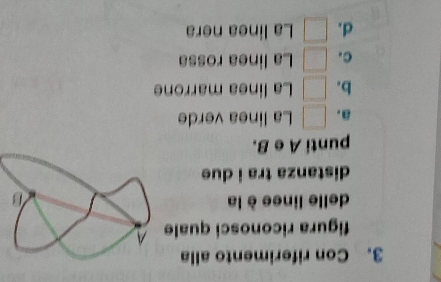 Con riferimento alla
figura riconosci quale
delle linee è la
distanza tra i due
punti A e B.
a. □ La linea verde
b. □ La linea marrone
C. □ La linea rossa
d. □ La linea nera