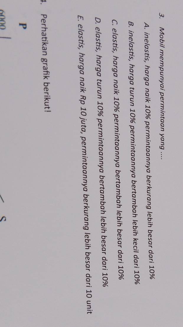 Mobil mempunyai permintaan yang ....
A. inelastis, harga naik 10% permintaannya berkurang lebih besar dari 10%
B. inelastis, harga turun 10% permintaannya bertambah lebih kecil dari 10%
C. elastis, harga naik 10% permintaannya bertambah lebih besar dari 10%
D. elastis, harga turun 10% permintaannya bertambah lebih besar dari 10%
E. elastis, harga naik Rp 10 juta, permintaannya berkurang lebih besar dari 10 unit
4. Perhatikan grafik berikut!
P
6000