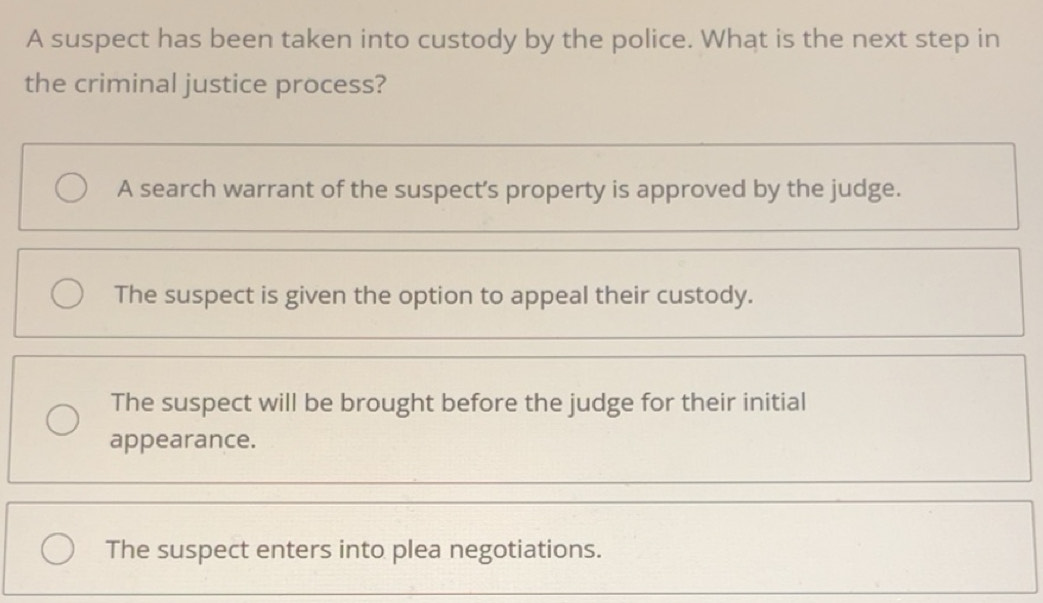 Solved: A suspect has been taken into custody by the police. What is ...