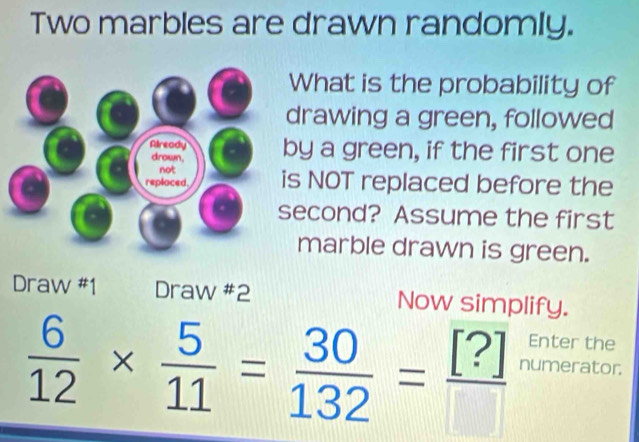 Two marbles are drawn randomly. 
What is the probability of 
drawing a green, followed 
by a green, if the first one 
s NOT replaced before the 
econd? Assume the first 
marble drawn is green. 
Draw #1 Draw #2 Now simplify. 
Enter the
 6/12 *  5/11 = 30/132 =frac [?] numerator.