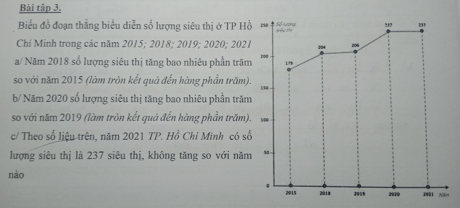 Bài tập 3. 
Biểu đồ đoạn thắng biểu diễn số lượng siêu thị ở TP Hồ 
Chí Minh trong các năm 2015; 2018; 2019; 2020; 2021
a/ Năm 2018 số lượng siêu thị tăng bao nhiêu phần trăm 
so với năm 2015 (làm tròn kết quả đến hàng phần trăm). 
b/ Năm 2020 số lượng siêu thị tăng bao nhiêu phần trăm 
so với năm 2019 (làm tròn kết quả đến hàng phần trăm). 
c/ Theo số liệu trên, năm 2021 TP. Hồ Chí Minh có số 
lượng siêu thị là 237 siêu thị, không tăng so với năm 
nào