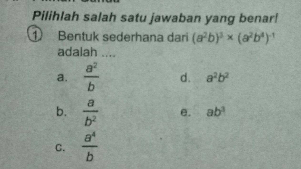 Pilihlah salah satu jawaban yang benar!
① Bentuk sederhana dari (a^2b)^3* (a^2b^4)^-1
adalah ....
a.  a^2/b 
d. a^2b^2
b.  a/b^2 
e. ab^3
C.  a^4/b 