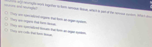 ?
neurons and neuroglia?
eurons and neuroglia work together to form nervous tissue, which is part of the nervous system. Which dese
They are specialized organs that form an organ system.
They are organs that form tissue.
They are specialized tissues that form an organ system.
They are cells that form tissue.