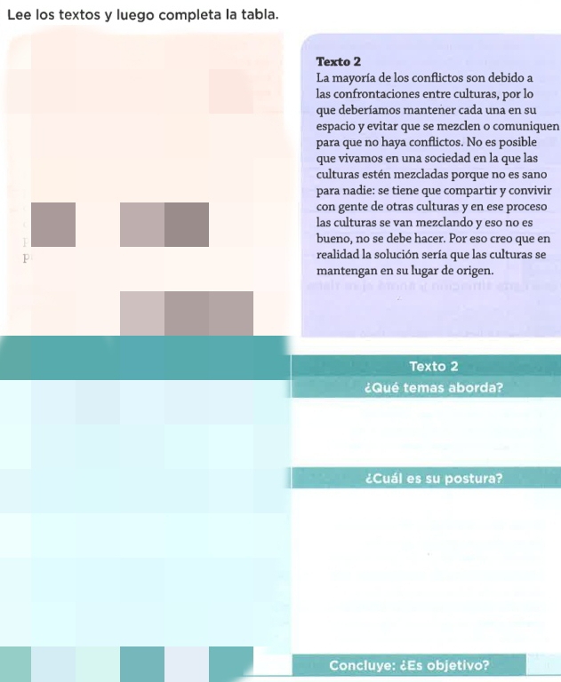 Lee los textos y luego completa la tabla. 
Texto 2 
La mayoría de los conflictos son debido a 
las confrontaciones entre culturas, por lo 
que deberíamos mantener cada una en su 
espacio y evitar que se mezclen o comuniquen 
para que no haya conflictos. No es posible 
que vivamos en una sociedad en la que las 
culturas estén mezcladas porque no es sano 
para nadie: se tiene que compartir y convivir 
con gente de otras culturas y en ese proceso 
las culturas se van mezclando y eso no es 
bueno, no se debe hacer. Por eso creo que en 
p 
realidad la solución sería que las culturas se 
mantengan en su lugar de origen. 
Texto 2 
¿Qué temas aborda? 
¿Cuál es su postura? 
Concluye: ¿Es objetivo?