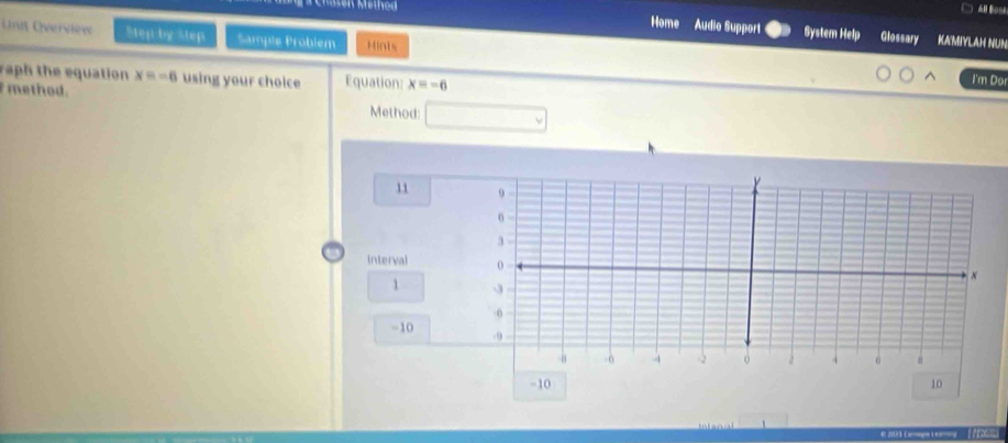 Home Audio Support System Help Glossary KAMIYLAH NUI 
Untt Overstre Step by Step Sample Problem Hints 
raph the equation x=-6 using your choice Equation: x=-6
^ I'm Dor 
method. Method: 
v 
11 
interval 
1
-10
=10 10
El 20.13 Caoouo Lea-ing