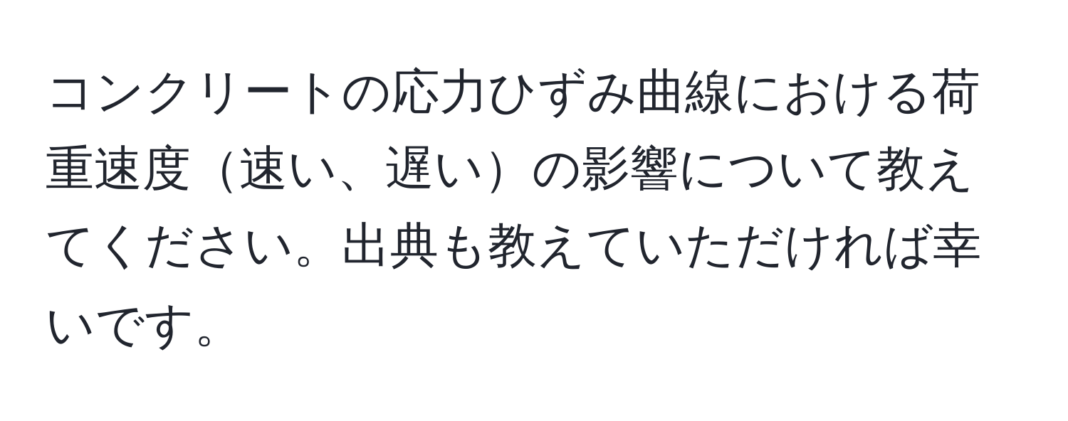 コンクリートの応力ひずみ曲線における荷重速度速い、遅いの影響について教えてください。出典も教えていただければ幸いです。