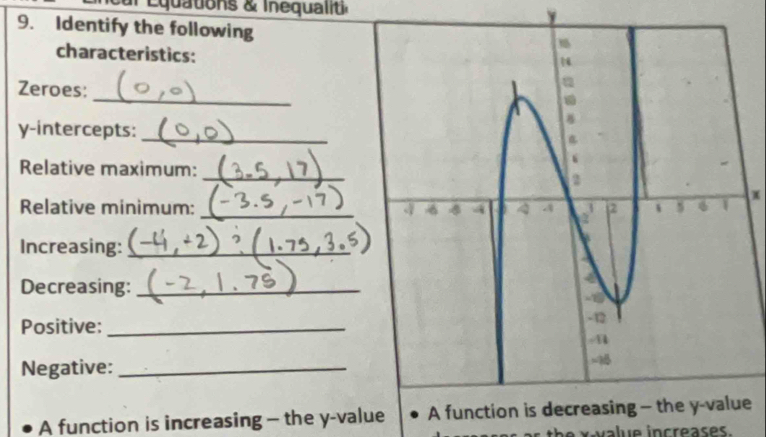 quations & Inequalit y 
9. Identify the following 
characteristics: 
_ 
Zeroes: 
y-intercepts: 
_ 
Relative maximum: 
_
x
Relative minimum: _ 
Increasing:_ 
Decreasing:_ 
Positive: _ 
Negative:_ 
A function is increasing - the y -value e