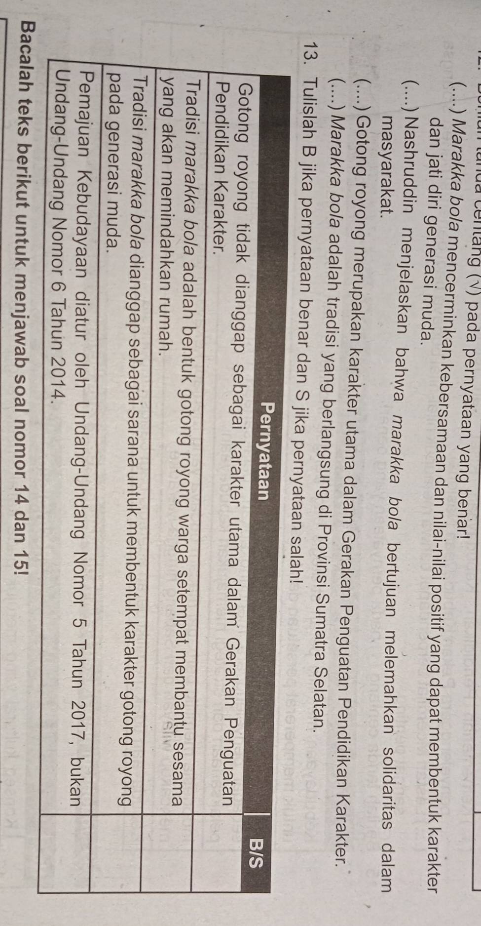 lunua cenlang (√) pada pernyataan yang benar! 
(....) Marakka bola mencerminkan kebersamaan dan nilai-nilai positif yang dapat membentuk karakter 
dan jati diri generasi muda. 
(...) Nashruddin menjelaskan bahwa marakka bola bertujuan melemahkan solidaritas dalam 
masyarakat. 
(....)Gotong royong merupakan karakter utama dalam Gerakan Penguatan Pendidikan Karakter. 
(....) Marakka bola adalah tradisi yang berlangsung di Provinsi Sumatra Selatan. 
13. Tulislah B jika pernyataan benar dan S jika pernyat 
ah teks berikut untuk menjawab soal nomor 14 dan 15!