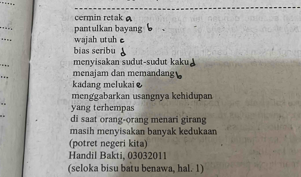 cermin retak 
pantulkan bayang 
wajah utuh 
bias seribu 
menyisakan sudut-sudut kaku 
menajam dan memandang 
kadang melukai & 
menggabarkan usangnya kehidupan 
yang terhempas 
di saat orang-orang menari girang 
masih menyisakan banyak kedukaan 
(potret negeri kita) 
Handil Bakti, 03032011
(seloka bisu batu benawa, hal. 1)