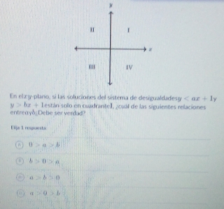 En elzy-plano, si las soluciones del sistema de desigualdades y
y>bx+1 están solo en cuadranteI, ¿cuál de las siguientes relaciones
entreayo. Debe ser verdad?
Elija 3 respuesta
A 0>a>b
b>0>a
a>b>0
a>0>b