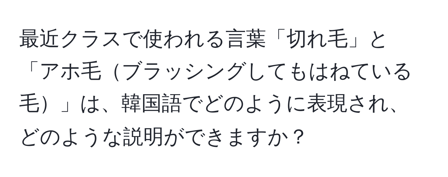 最近クラスで使われる言葉「切れ毛」と「アホ毛ブラッシングしてもはねている毛」は、韓国語でどのように表現され、どのような説明ができますか？